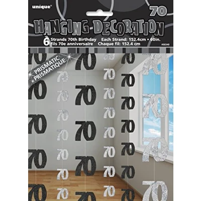 Image of Unique Party 55349 5ft Hanging Glitz Black 70th Birthday Decorations, Pack of 6