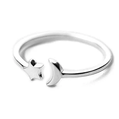 Image of Crescent Moon Star Thin Minimalist Cute S925 Sterling Silver Engagement Open Tail Rings Dainty Adjustable Finger Promise Statement Band Small Ring Jewelry Gifts for Birthday Women Teen Girls Daughter