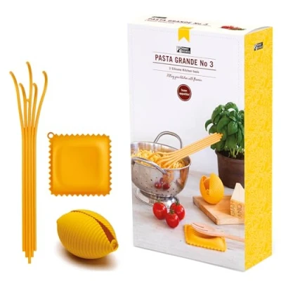 Image of Monkey Business Silicone kitchen Tools in Gift Box/ 3 Big Pasta shaped gadgets/Ravioli Spoon Rest, Conchiglie Lemon Squeezer, Spaghetti Serving Spoon/Pasta Grande No.