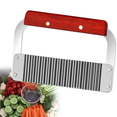 Image of Crinkle Cutter Knife Potato Chippers Stainless Steel Carrot Chip Vegetable Wavy Chopper Wooden Handle Serrator Chopping