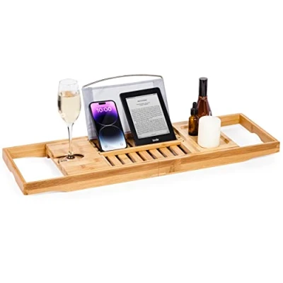 Image of woodluv Luxury Bath Tray, Extendable Caddy Tray for Bathtub Rack Bathroom Shelf with Candle, Wine Glass, Book, iPad &amp; Phone Holders Adjustable Table Over tub Accessories