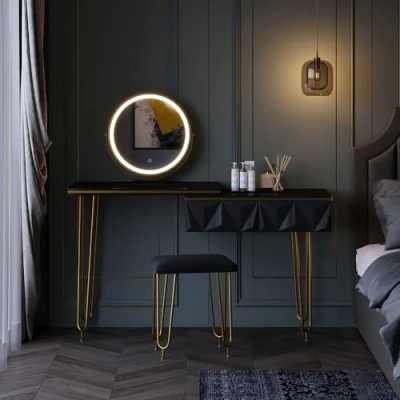 Image of Vicco Vanity table Bella, Black high gloss, 120 cm with LED mirror and stool