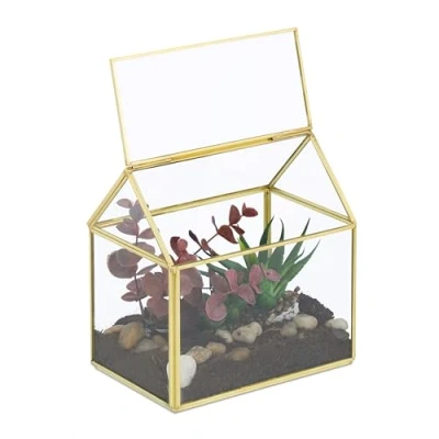 Image of Terrarium, Glass &amp; Copper, House Shape, 15x15x10 cm, Succulents Air Plants, Mini Greenhouse, Decor, Gold Relaxdays