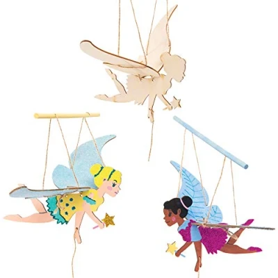Image of Baker Ross AT544 Fairy Wooden Flying Puppet Kits Pack of 3, Template For Children Arts And Craft Moving