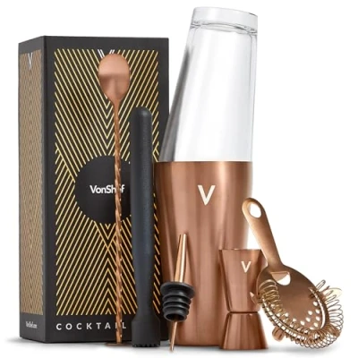 Image of VonShef Cocktail Shaker Set, Copper 6pc Set with 550ml Boston Shaker, Professional Bartender for Home Bar, Including Strainer, Muddler, Jigger &amp; Other Bar Accessories, Gift Box Included