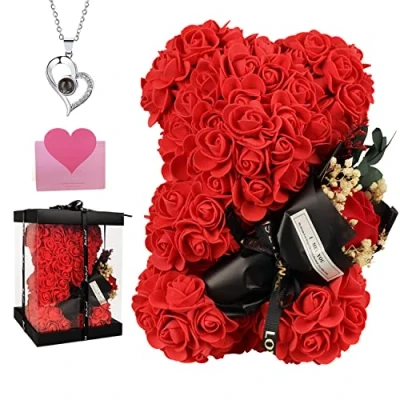 Image of POHOMEGK Valentines Gifts for Her,Rose Bear Women, Rose Teddy Girlfriend Flower With Bouquet,Anniversary Birthday Wife/Mom/Daughter (Rose Red)