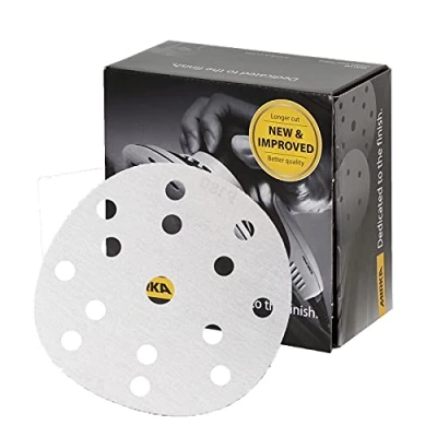 Image of Mirka Basecut White Hook and Loop It 150mm 6 Inch Sanding Discs Box 100 Abrasive P180 Grit Automotive Refinishing Sandpaper 15 Hole Vacuum Dust Extraction System