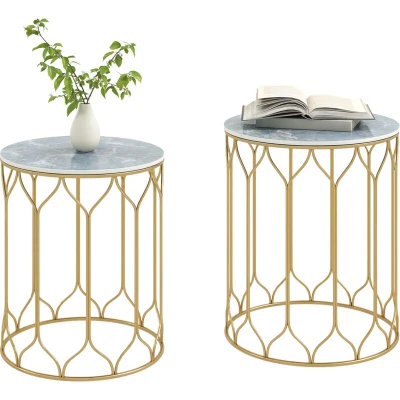 Image of Outsunny Garden Side Table Set of 2, Nesting Tables with Ceramic Tile Top, Indoor Outdoor Small Tables, Multifunctional End Metal Frame for Patio, Balcony, Porch, Multicoloured