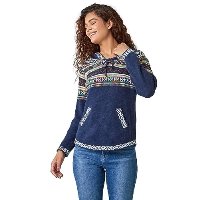 Image of Roman Originals Women Jumper with Hood Ladies Winter Hoodie Pockets Nordic Aztec Print Hooded Sweater Autumn V Neck Soft Festive Flattering Going Out Casual Smart Midnight Blue Size 12