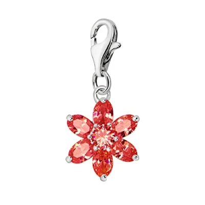 Image of Quiges 925 Sterling Silver Ruby Cubic Zirconia July Birthstone Flower Lobster Clasp Charm Clip on Pendant