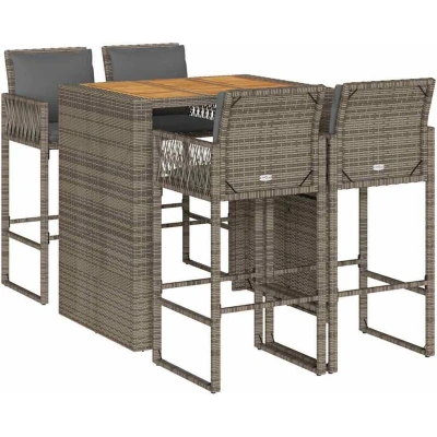 Image of vidaXL 5 Piece Garden Bar Set with Cushions Grey Poly Rattan Acacia