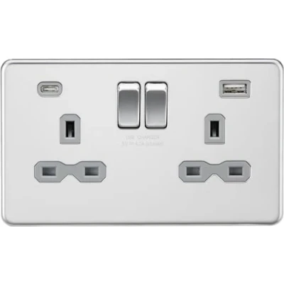 Image of KnightsBridge 13A 2G SP Screwless Switched Socket with Dual USB A+C Polished Chrome, Grey Insert