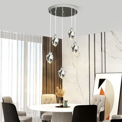 Image of Sxtiger Modern Crystal Pendant Light, 3 Color LED Silver Ceiling Hanging Lamp, for Kitchen Island Bedroom Living Room Dining Lighting (5 Head Round Base)