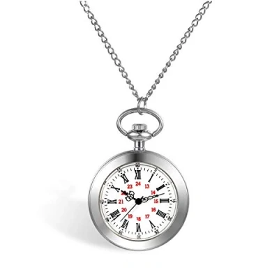 Image of JewelryWe Simple Pocket Watch Necklace Classic Roman Numerals Dial Pendant with Chain for Men Women,Silver