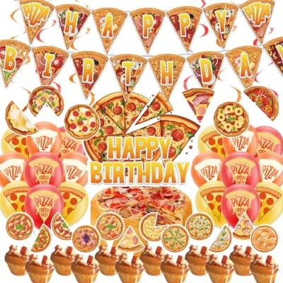Image of Pizza Party Decorations Includes Happy Birthday Banner Hanging Swirls Cake Topper Cupcake Toppers Balloons for Supplies