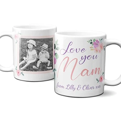 Image of Lovely Floral photo Mam Mug, Personalised Mug for Mam, cup gift present Mothers Day, Birthday, Christmas.