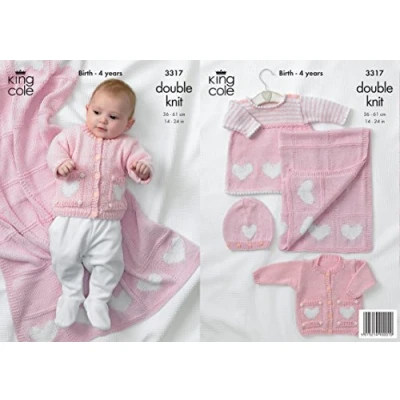 Image of King Cole Baby Cardigan, Dress, Hat &amp; Blanket Bamboo Cotton DK Knitting Pattern 3317