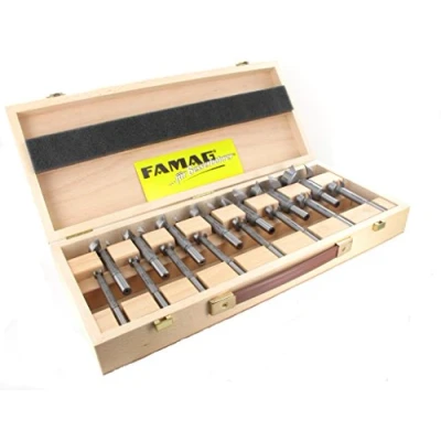 Image of 15 piece Famag super forstner drill bit set, classic WS with diameter = 10, 12, 15, 16, 18, 20, 22, 25, 26, 28, 30, 35, 40, 45, 50 mm in wooden box