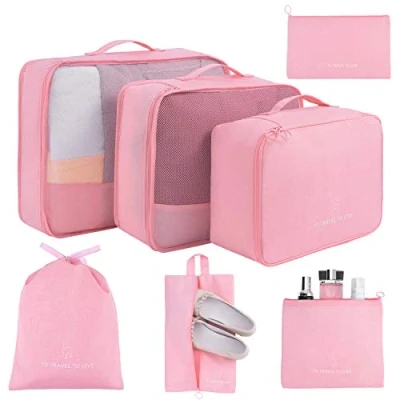 Image of Packing Cubes for Suitcases 7 Set, Luggage Organizers with Shoe Bag and Toiletry (Pink)