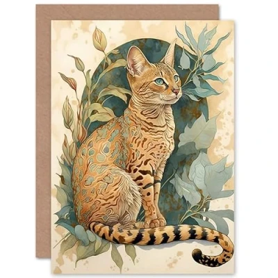 Image of Artery8 Ocicat Cat with Teal Rosette Pattern Fur and Leafy Plants Watercolour Illustration Art Birthday Sealed Greeting Card Plus Envelope Blank inside