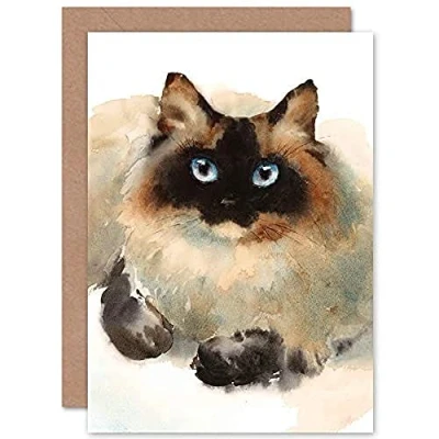 Image of Wee Blue Coo Cat Ragdoll Face Watercolour Greeting Card With Envelope Inside Premium Quality
