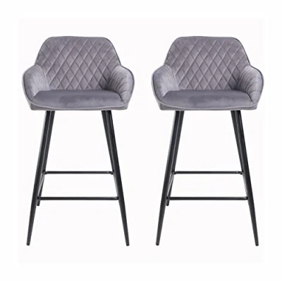 Image of Neo 2x Velvet Crushed Upholstered Black Legs High Seat Dining Counter Island Kitchen Breakfast Bar Stools Chairs (Dark Grey)