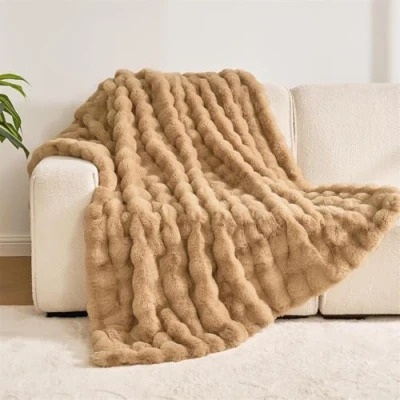 Image of FASCINATDECO Soft Warm Rabbit Plush Fleece Throw Blanket Thick 1000 GSM Throws for Sofas Large Fluffy Bed Couch Travel Kids Decor, Khaki, 130x160cm