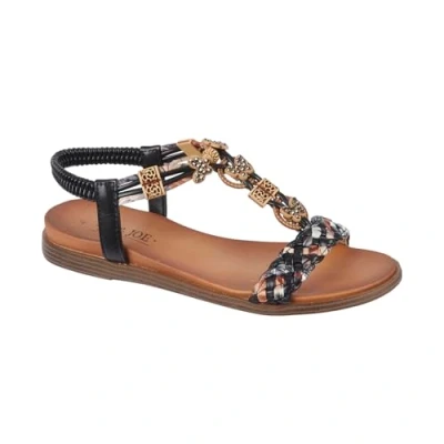 Image of Jo &amp; Joe Ladies Braided T Strap Design Embellished Trim Elasticated Back Flat Sandals (Black, UK Footwear Size System, Adult, Women, Numeric, Medium, 6)