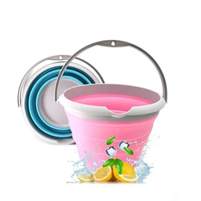 Image of SAMMART 10L Collapsible Fishing Bucket Foldable Round Tub Portable Plastic Water Pail Space Saving Outdoor Waterpot Trunk Organizer for All Types of Vehicles (Pink+Bright Blue (set 2))