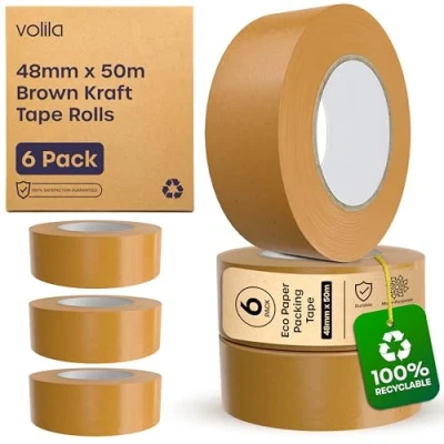 Image of volila Paper Tape 6 Pack Brown Kraft Rolls Heavy Duty Packaging for Moving House, Boxes, Framing, and Recyclable Parcel with Strong Adhesive (48mm x 50m)
