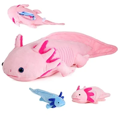 Image of lilizzhoumax Simulation Axolotl Plush Toy with 2 Small Axolotl, Realistic Stuffed Animal 3Piece Soft Zippers Playset, Cute Mom Babies, Gift for Kids