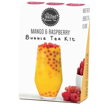 Image of Bubble Tea Kit Mango Powder, Raspberry Popping Boba and Paper Straw Makes 1 Milky Vegan by THE TEASHED