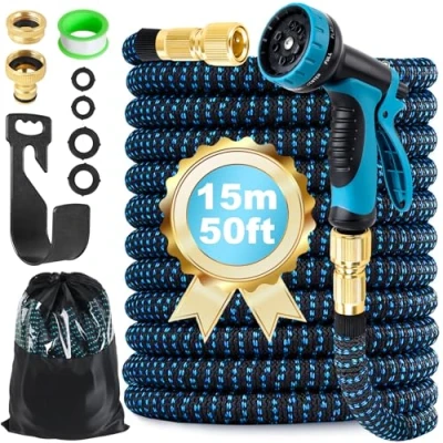 Image of Expandable Garden Hose Pipe 15m 50ft, Expanding Hosepipes for Water with 1/2&quot; 3/4&quot; Connectors, 10 Function Spray Gun, Holder, Flexible Retractable Magic Hoses Gardening Car Washing