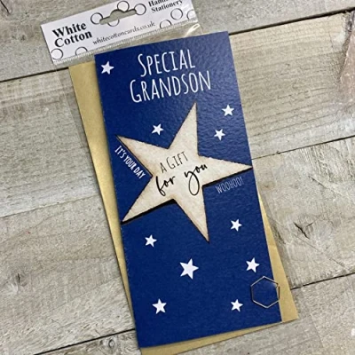 Image of WHITE COTTON CARDS MONEY WALLET GRANDSON BIG BLUE STAR GIFT FOR YOU (WBW198 GS)
