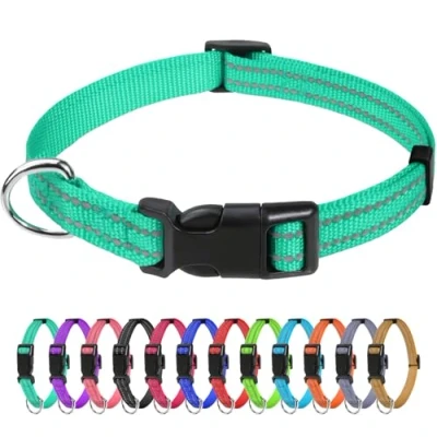 Image of TagMe Reflective Nylon Dog Collars, Adjustable Classic Collar with Quick Release Buckle for Puppy, Turquoise, 1.0 cm Width