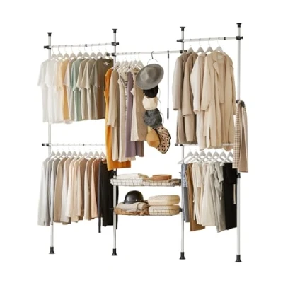 Image of SoBuy KLS04, Adjustable Wardrobe Organizer Clothes Shelf System Hanging Rail Telescopic Storage Shelving, White + Black