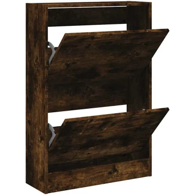 Image of vidaXL Engineered Wood Shoe Cabinet Smoked Oak, 60x21x87.5 cm with 2 Flip Drawers &amp; Decorative Top for Entryway Storage
