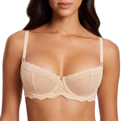 Image of DOBREVA Women&#039;s Sexy Lace Balconette Bra Unlined Underwire Open Half Cup See Through Sheer Balcony Beige 42C