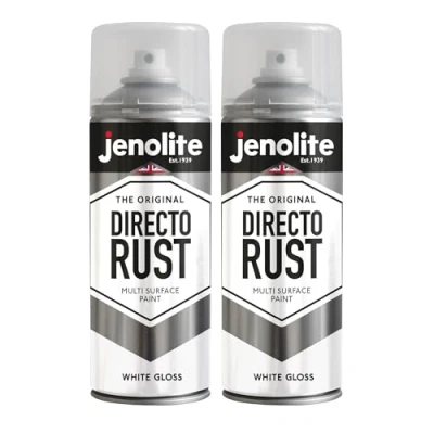 Image of JENOLITE Directorust Gloss Spray Paint WHITE 2 x 400ml Direct To Rust For Metal Multi Surface Wood, Metal, Plastic, Ceramic RAL 9016