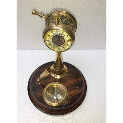 Image of Antique Brass Table top Clock with Compass Armillary Sphere Globe Desk Wooden Base