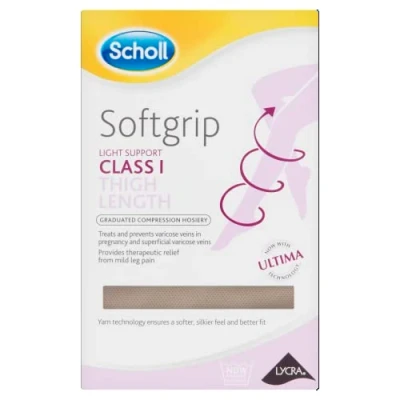 Image of Scholl Softgrip Light Support Class I Compression Stockings Thigh Length, Closed Toe 1 for Women Natural, Small, Travel, Varicose Veins, Swelling Relief