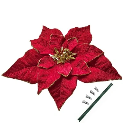 Image of M2cbridge Artificial Christmas Flowers Red Velvet Poinsettia Floral Picks for Wreath Tree Ornaments(4pcs Extra Large Burgundy)