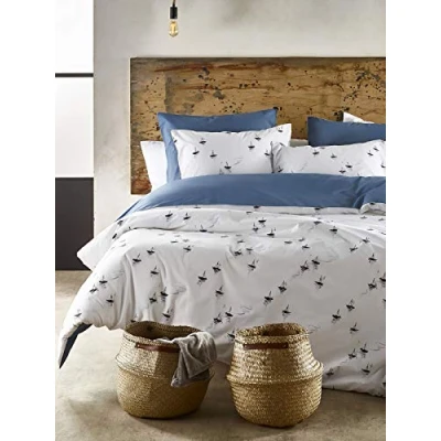 Image of De Witte Lietaer Hiroshi Bedding Set: Duvet Cover and Pillowcases, Cotton, White/Blue, 200 x 220 cm
