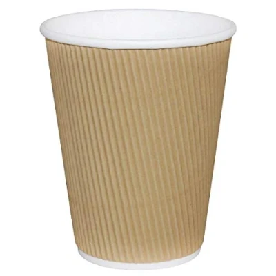 Image of 16oz Insulated Ripple Wall HOT Paper Disposable Tea Coffee Drinks Cups (Kraft, Black LIDS, 25)
