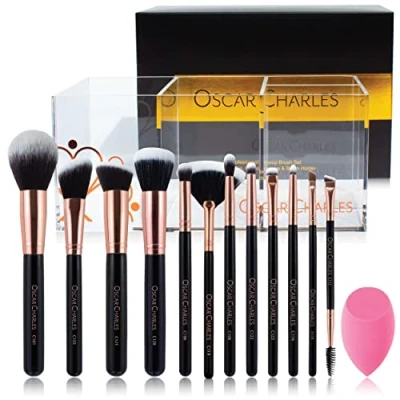 Image of Oscar Charles Make up Brushes Set: 12 Makeup Professional Grade Fibres Including Brush Holder and Product Guide Rose Gold