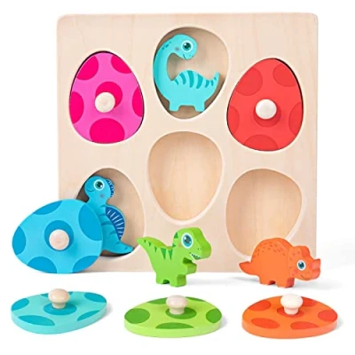 Image of LZDMY Baby Wooden Montessori Dinosaur Puzzles Toys for Boys Girls 1 2 3 Year Old, Toddlers Sensory Eggs Motor Skill Toy Sorting Game, Birthday