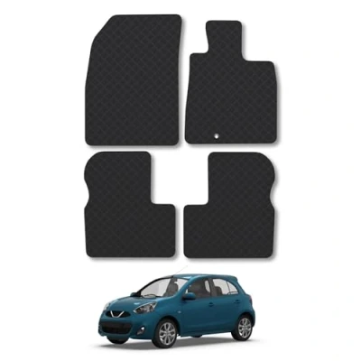 Image of Rubber Car Mats Compatible with Nissan Micra (2010 2017) Tailored Fit Floor Set Accessory Black Custom 4 Pieces Clips Anti Slip Backing, Heavy Duty &amp; Waterproof