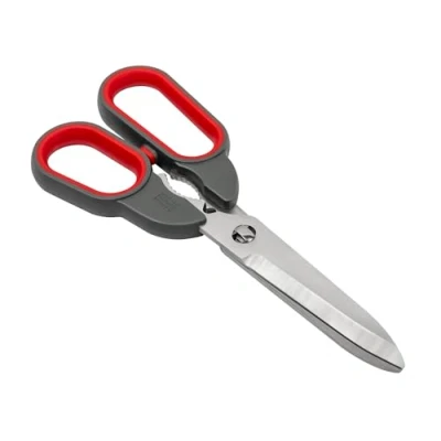 Image of Kuhn Rikon Self Sharpening Universal Shears with Herb Stripper and Lid Opener. Stainless Steel Scissors for Left Right Handed Users. Great Cutting Cardboard Thick Plastic Packaging