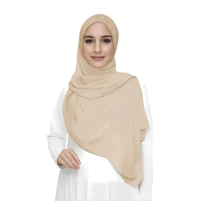 Image of Sparkle Shimmer Gold Glitter Women&#039;s Chiffon Hijab Head Scarf Lightweight (Beige)
