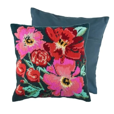 Image of Trimits Half Stitch Cross Cushion Kit, Back Included, Pre Printed Canvas, Yarn and Needle Included 40 x 40cm (15.75 15.75in), Painted Flower